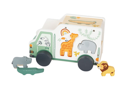 Mașinuță cu Forme de Sortat "Safari" – Jucărie 2-în-1 din Lemn pentru Copii, cu 5 Animale Insertabile, Design Detaliat Safari