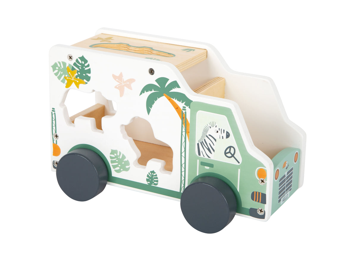 Mașinuță cu Forme de Sortat "Safari" – Jucărie 2-în-1 din Lemn pentru Copii, cu 5 Animale Insertabile, Design Detaliat Safari