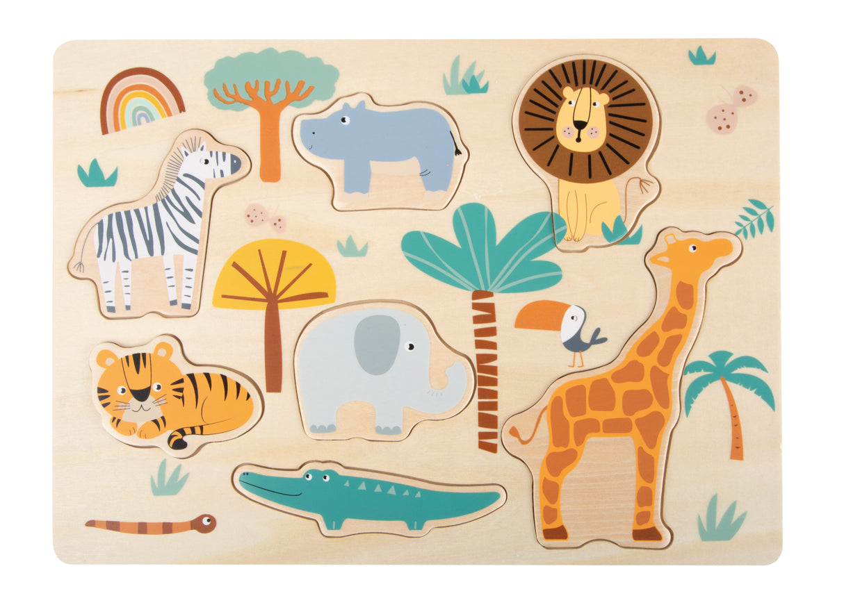 Puzzle "Safari" Small Foot – Joc din Lemn pentru Copii cu 7 Animale Savană, Piese Mari Ușor de Apucat, Antrenează Răbdarea și