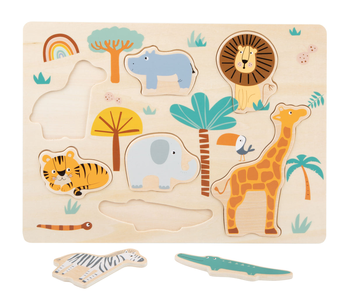 Puzzle "Safari" – Joc din Lemn pentru Copii cu 7 Animale Savană, Piese Mari Ușor de Apucat, Antrenează Răbdarea și Concentrarea