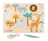 Puzzle "Safari" – Joc din Lemn pentru Copii cu 7 Animale Savană, Piese Mari Ușor de Apucat, Antrenează Răbdarea și Concentrarea