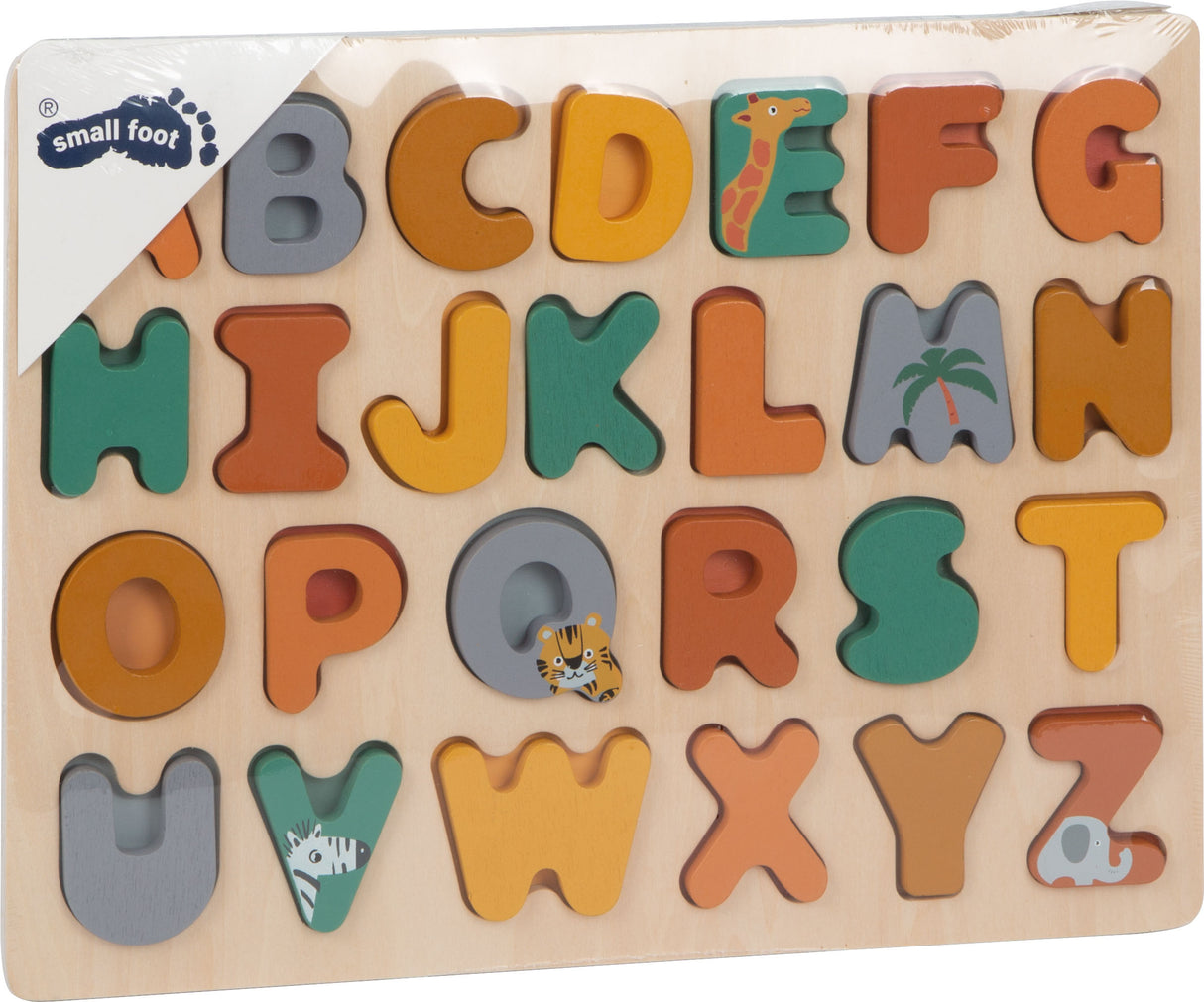 Puzzle ABC "Safari" – Joc din Lemn pentru Învățarea Alfabetului, cu Litere A-Z, Motive Animale, Literele Pot Sta Decorativ