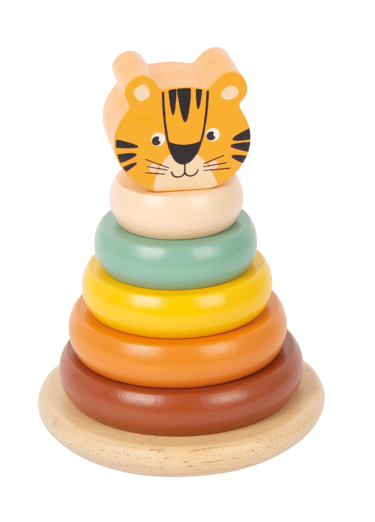 Turn de Stivuit Tigru "Safari" – Jucărie de Activitate din Lemn cu 6 Inele Colorate și Cap de Tigru, Dezvoltă Motricitatea