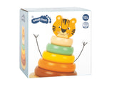 Turn de Stivuit Tigru "Safari" – Jucărie de Activitate din Lemn cu 6 Inele Colorate și Cap de Tigru, Dezvoltă Motricitatea