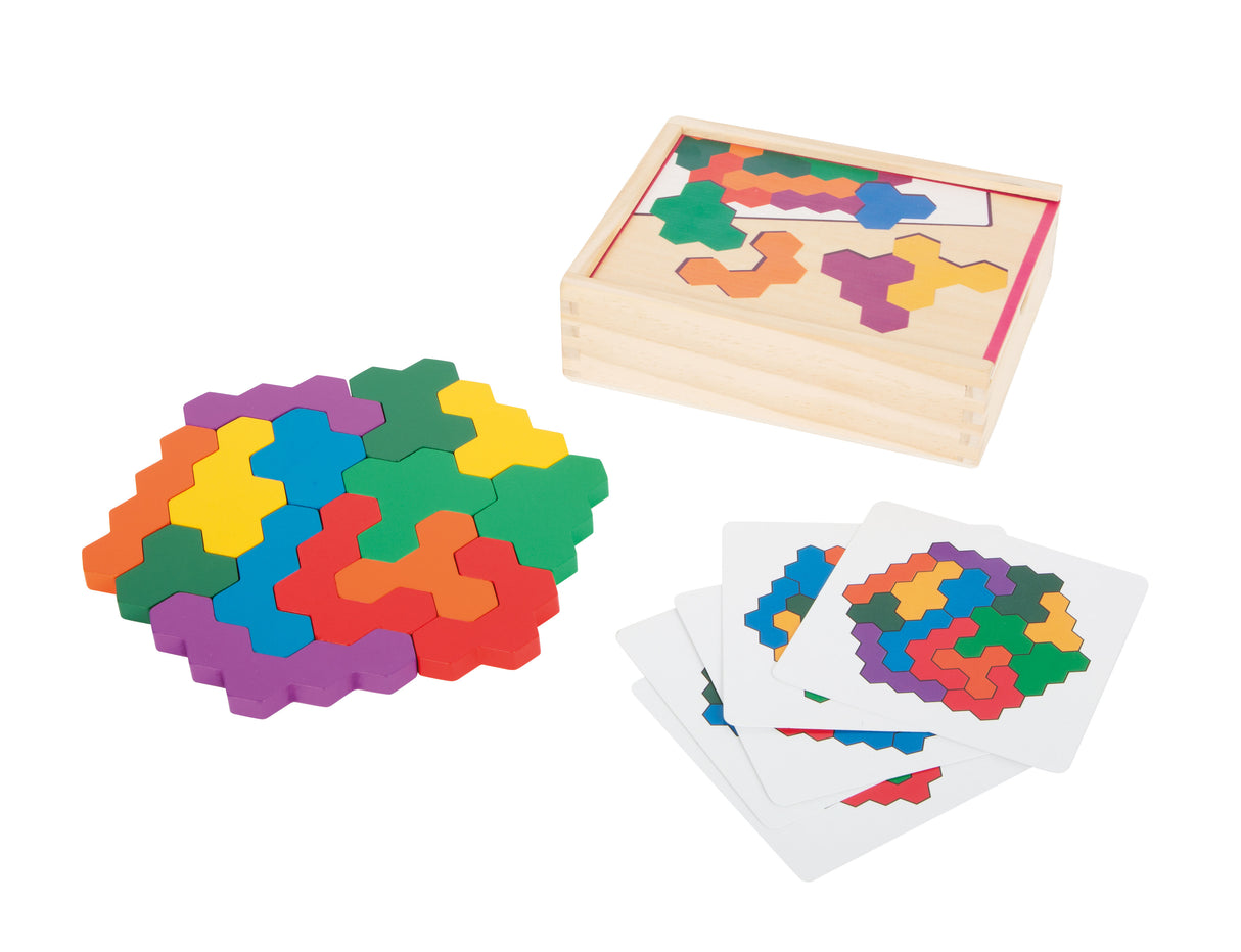 Puzzle Hexagon Educativ – Joc de Geometrie din Lemn bazat pe Pedagogia Montessori, cu Cutie și Cartonașe, Ideal și pentru Căl