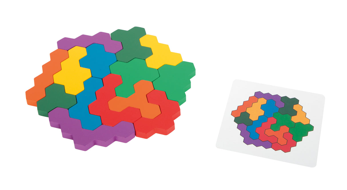 Puzzle Hexagon Educativ – Joc de Geometrie din Lemn bazat pe Pedagogia Montessori, cu Cutie și Cartonașe, Ideal și pentru Călătorii