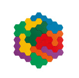 Puzzle Hexagon Educativ – Joc de Geometrie din Lemn bazat pe Pedagogia Montessori, cu Cutie și Cartonașe, Ideal și pentru Călătorii