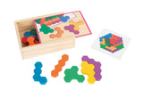 Puzzle Hexagon Educativ – Joc de Geometrie din Lemn bazat pe Pedagogia Montessori, cu Cutie și Cartonașe, Ideal și pentru Călătorii