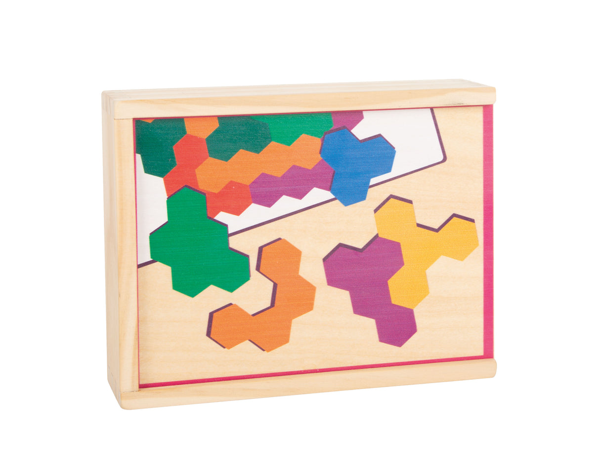 Puzzle Hexagon Educativ – Joc de Geometrie din Lemn bazat pe Pedagogia Montessori, cu Cutie și Cartonașe, Ideal și pentru Călătorii