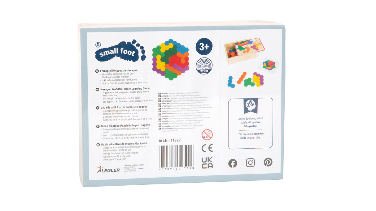 Puzzle Hexagon Educativ – Joc de Geometrie din Lemn bazat pe Pedagogia Montessori, cu Cutie și Cartonașe, Ideal și pentru Călătorii