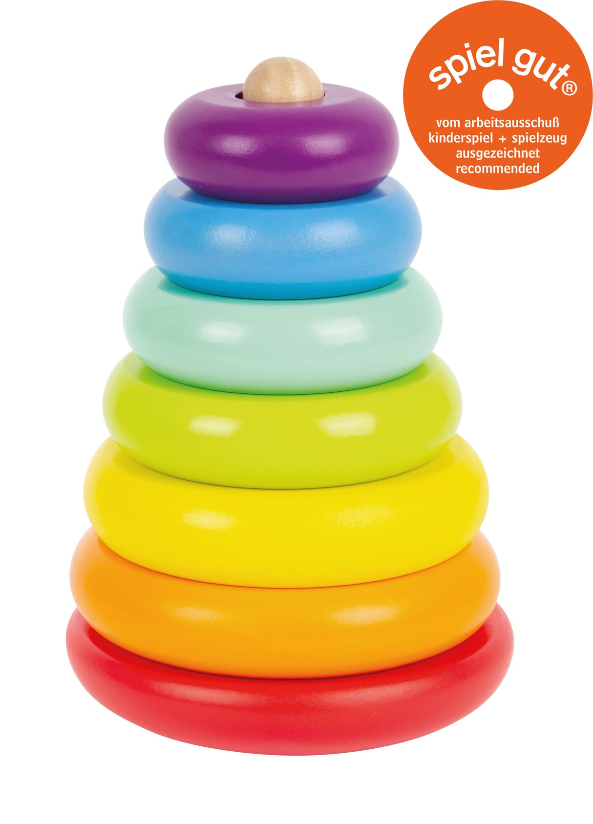 Turn de Stivuit Curcubeu – Jucărie de Activitate din Lemn cu 6 Inele Colorate, Bază care se Leagănă, Premiat spiel gut®