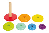 Turn de Stivuit Curcubeu – Jucărie de Activitate din Lemn cu 6 Inele Colorate, Bază care se Leagănă, Premiat spiel gut®