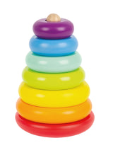Turn de Stivuit Curcubeu – Jucărie de Activitate din Lemn cu 6 Inele Colorate, Bază care se Leagănă, Premiat spiel gut®