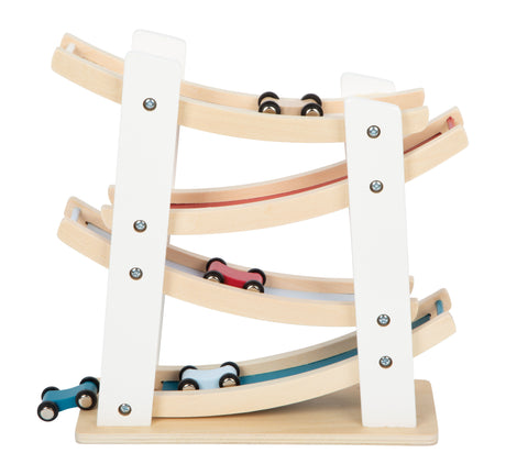 Pistă de Raliuri Clasică Small Foot – Circuit din Lemn pentru Copii cu 4 Rampe și 4 Mașinuțe Colorate, Antrenează Motricitate