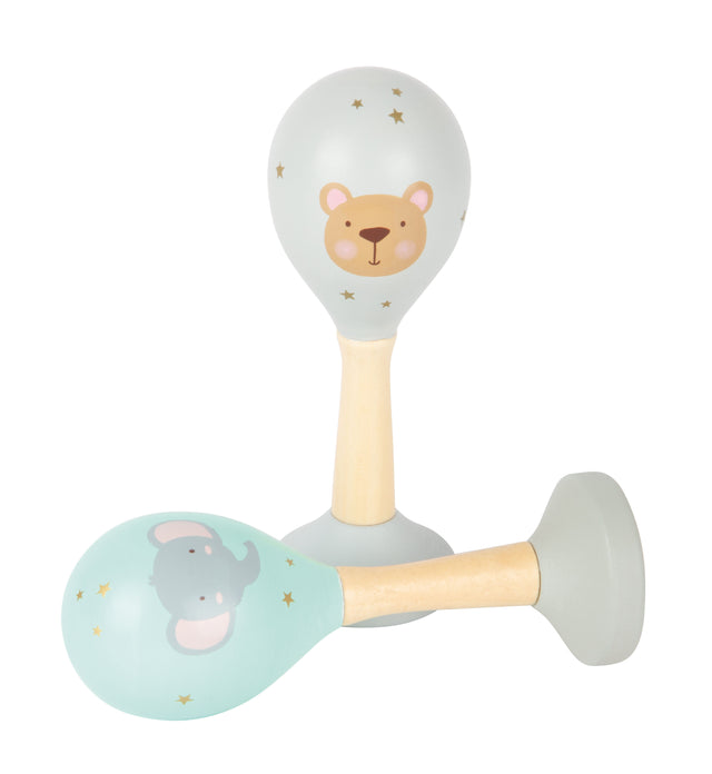 Zornăitoare Muzicale Pastel Small Foot – Set 2 Instrumente de Percuție din Lemn pentru Bebeluși, cu Motive Animale și Culori 