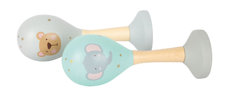 Zornăitoare Muzicale Pastel – Set 2 Instrumente de Percuție din Lemn pentru Bebeluși, cu Motive Animale și Culori Pastel, Ideale pentru Educația Muzicală Timpurie