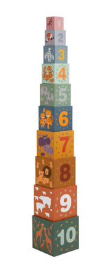 Cuburi de Stivuit "Safari" Small Foot – Set 10 Cuburi Educative pentru Copii, cu Motive Animale și Numere 1-10, Antrenează Mo