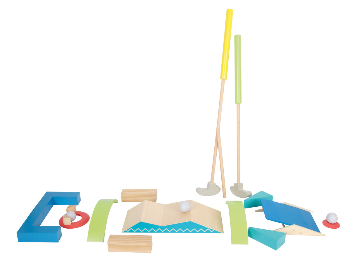 Set Minigolf "Active" Small Foot – Joc din Lemn Masiv pentru Copii, 3 Crose de Dimensiuni Diferite, Bile Soft, Obstacole și T
