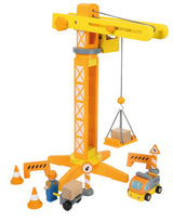 Macara cu Accesorii Șantier – Set Complet din Lemn pentru Copii, Rotire 360°, Braț Mobil cu Cârlig, Muncitori și Semne, Joc Constructor
