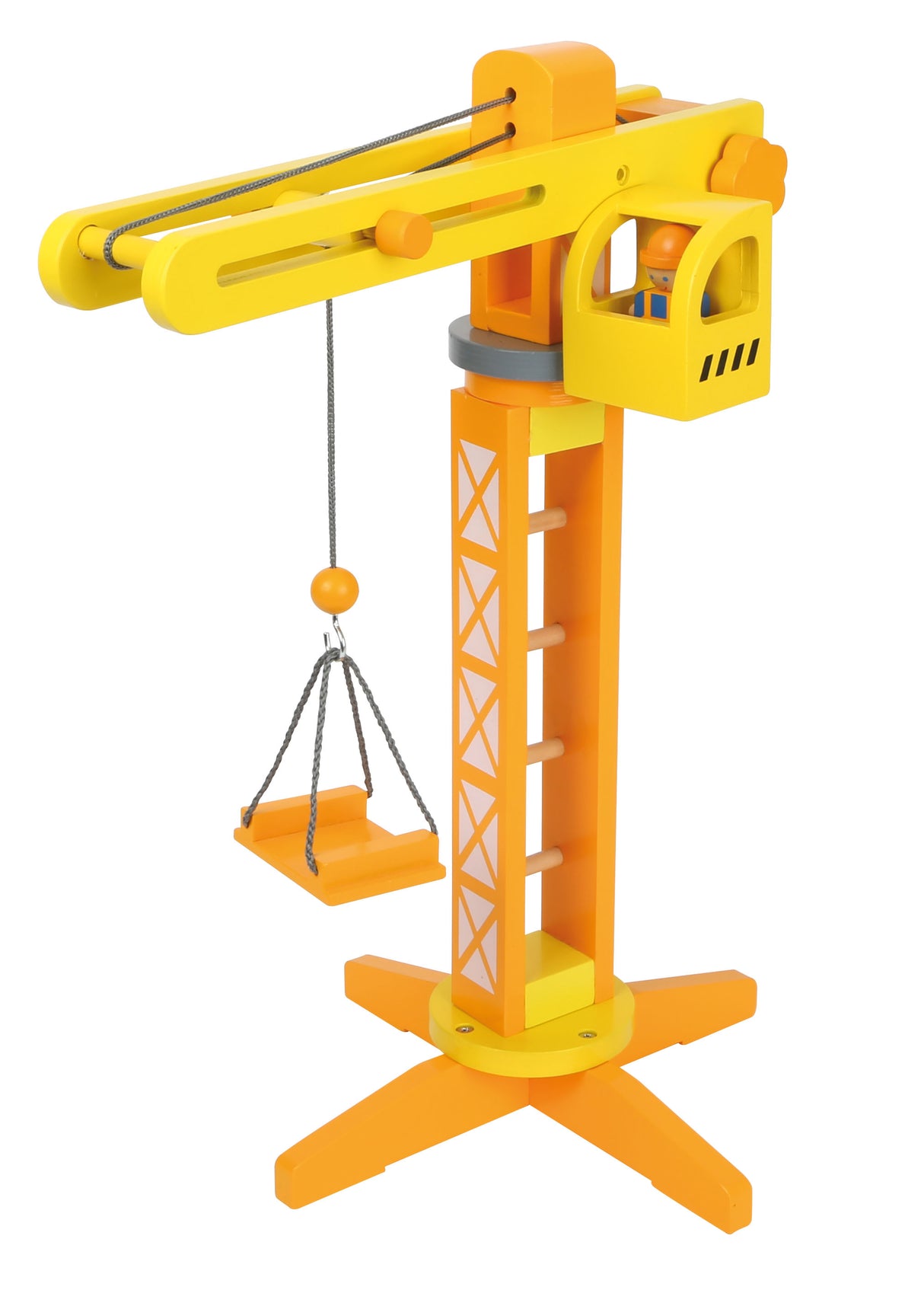 Macara cu Accesorii Șantier – Set Complet din Lemn pentru Copii, Rotire 360°, Braț Mobil cu Cârlig, Muncitori și Semne, Joc Constructor