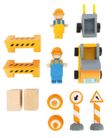 Macara cu Accesorii Șantier – Set Complet din Lemn pentru Copii, Rotire 360°, Braț Mobil cu Cârlig, Muncitori și Semne, Joc Constructor