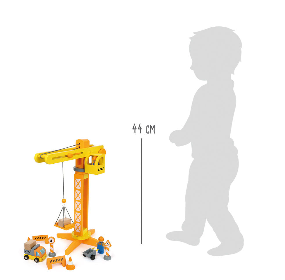 Macara cu Accesorii Șantier – Set Complet din Lemn pentru Copii, Rotire 360°, Braț Mobil cu Cârlig, Muncitori și Semne, Joc Constructor