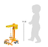 Macara cu Accesorii Șantier – Set Complet din Lemn pentru Copii, Rotire 360°, Braț Mobil cu Cârlig, Muncitori și Semne, Joc Constructor