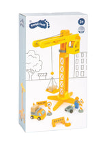 Macara cu Accesorii Șantier – Set Complet din Lemn pentru Copii, Rotire 360°, Braț Mobil cu Cârlig, Muncitori și Semne, Joc Constructor