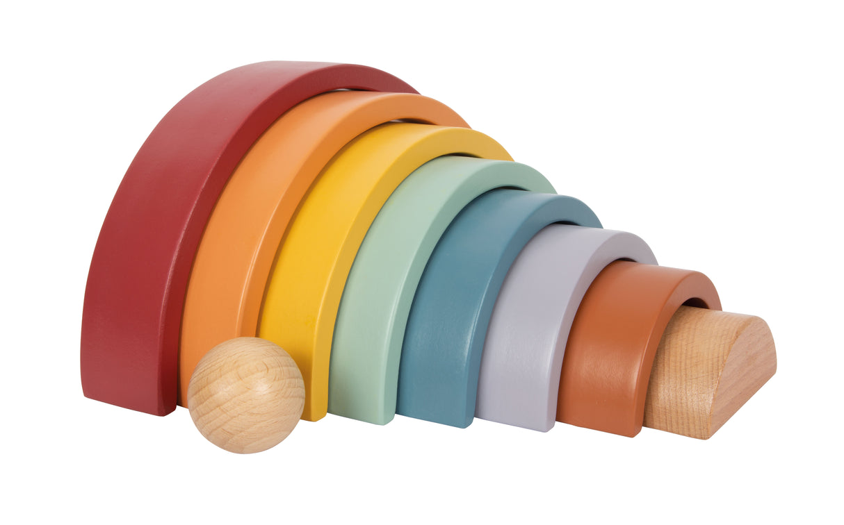 Curcubeu Montessori din Lemn – 8 Arcade Colorate plus Bilă, pentru Sortat, Construit și Stivuit, Joacă Liberă Montessori