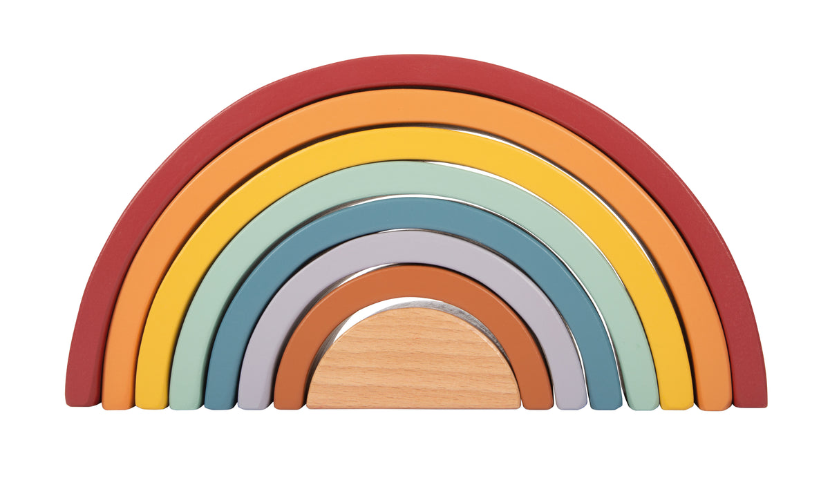 Curcubeu Montessori din Lemn – 8 Arcade Colorate plus Bilă, pentru Sortat, Construit și Stivuit, Joacă Liberă Montessori