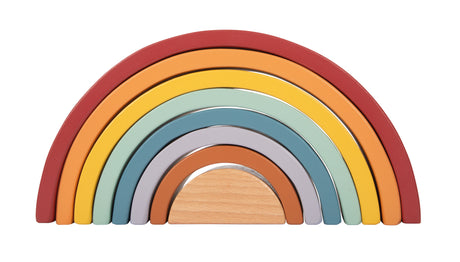 Curcubeu Montessori din Lemn – 8 Arcade Colorate plus Bilă, pentru Sortat, Construit și Stivuit, Joacă Liberă Montessori