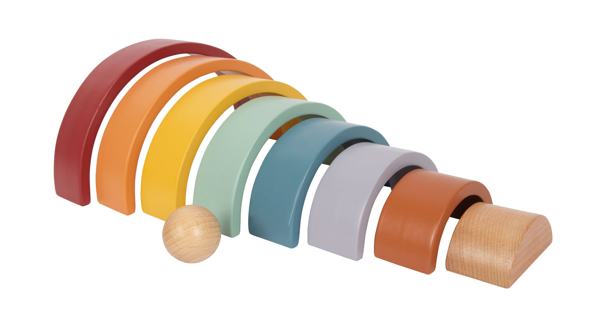 Curcubeu Montessori din Lemn – 8 Arcade Colorate plus Bilă, pentru Sortat, Construit și Stivuit, Joacă Liberă Montessori