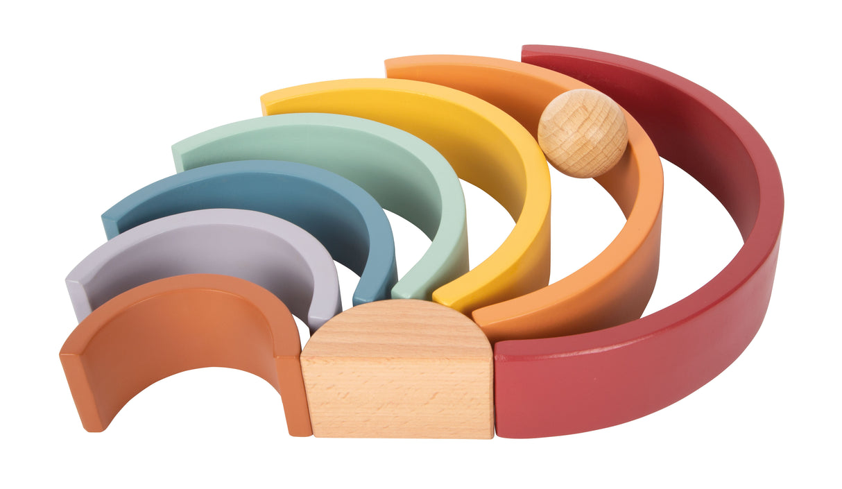 Curcubeu Montessori din Lemn – 8 Arcade Colorate plus Bilă, pentru Sortat, Construit și Stivuit, Joacă Liberă Montessori
