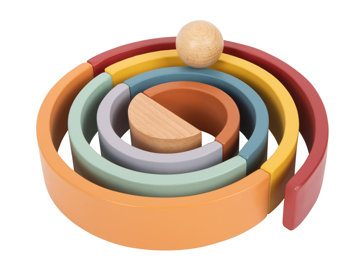 Curcubeu Montessori din Lemn – 8 Arcade Colorate plus Bilă, pentru Sortat, Construit și Stivuit, Joacă Liberă Montessori