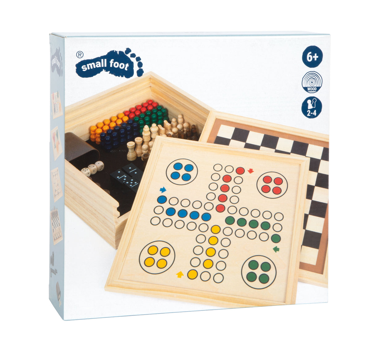 Colecție 7 Jocuri Clasice – Cutie de Lemn cu Șah, Dame, Nu te Supăra Frate, Moara, Halma, Domino, Perfect pentru Seara de Familie