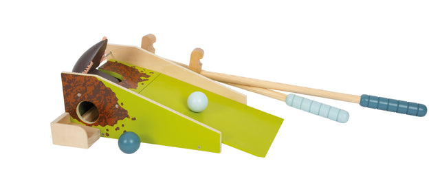 Set Minigolf Cârtiță pentru Copii Small Foot – Joc din Lemn cu Mecanism de Apariție, 2 Crose de Dimensiuni Copii, 2 Bile și R