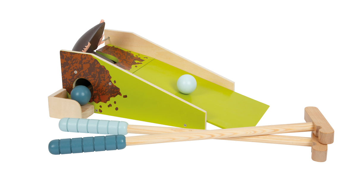 Set Minigolf Cârtiță pentru Copii – Joc din Lemn cu Mecanism de Apariție, 2 Crose de Dimensiuni Copii, 2 Bile și Rampă
