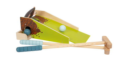 Set Minigolf Cârtiță pentru Copii – Joc din Lemn cu Mecanism de Apariție, 2 Crose de Dimensiuni Copii, 2 Bile și Rampă