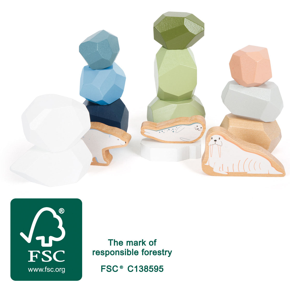 Pietre de Echilibru "Arctic" – 11 Pietre din Lemn Certificat FSC, 3 Figurine de Animale și un Sloi, Jucărie Montessori de Sti