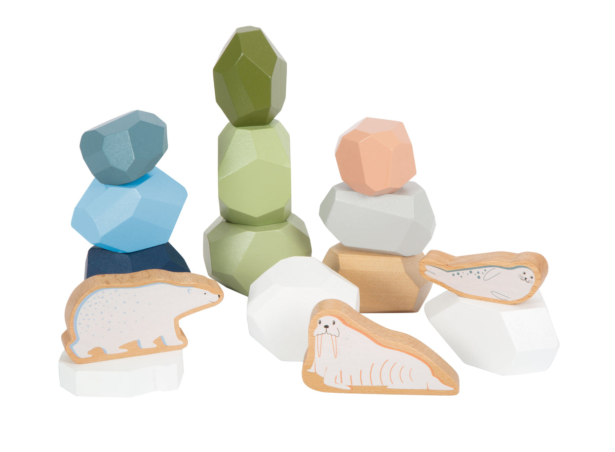 Pietre de Echilibru "Arctic" – 11 Pietre din Lemn Certificat FSC, 3 Figurine de Animale și un Sloi, Jucărie Montessori de Stivuit