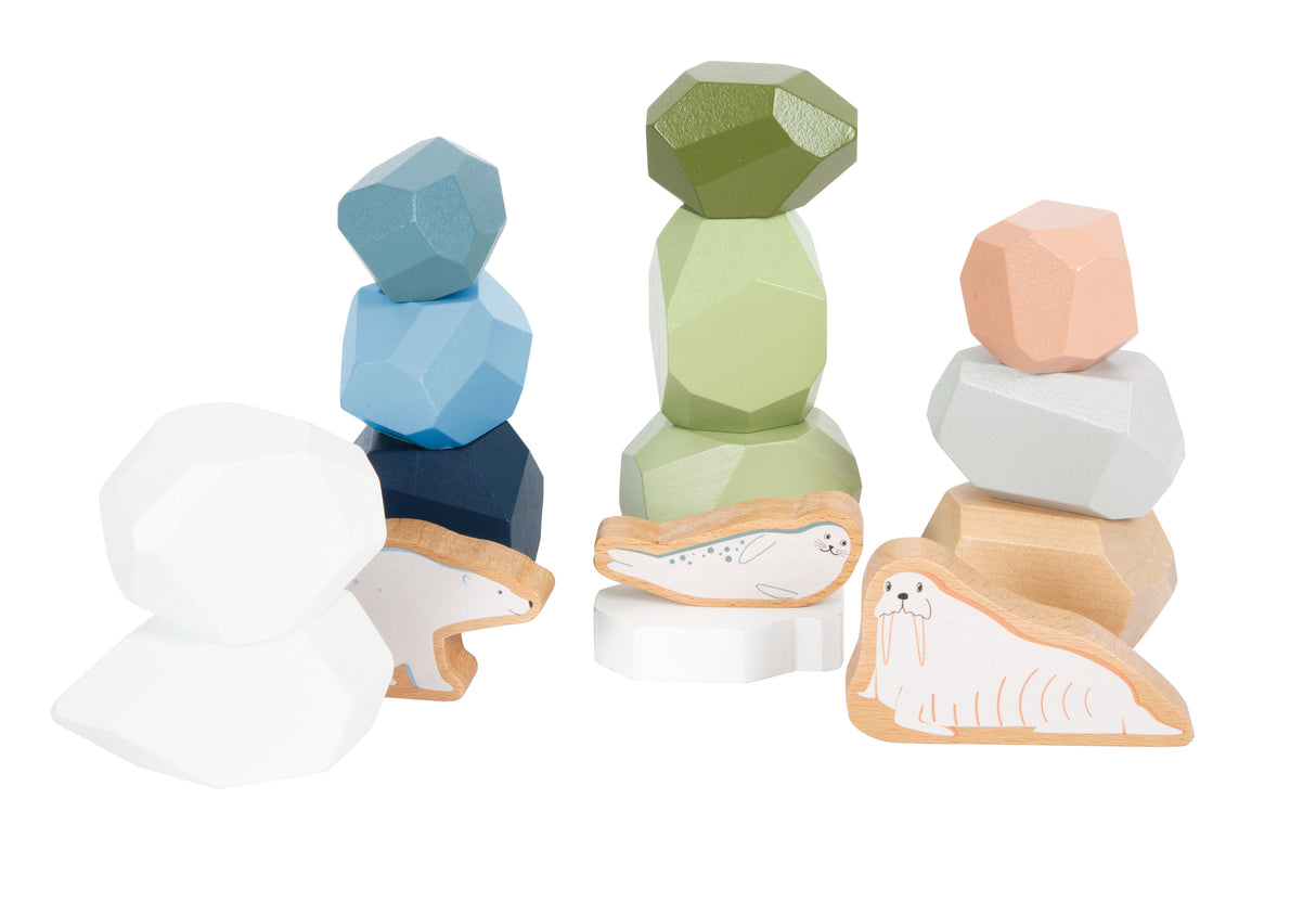Pietre de Echilibru "Arctic" – 11 Pietre din Lemn Certificat FSC, 3 Figurine de Animale și un Sloi, Jucărie Montessori de Stivuit