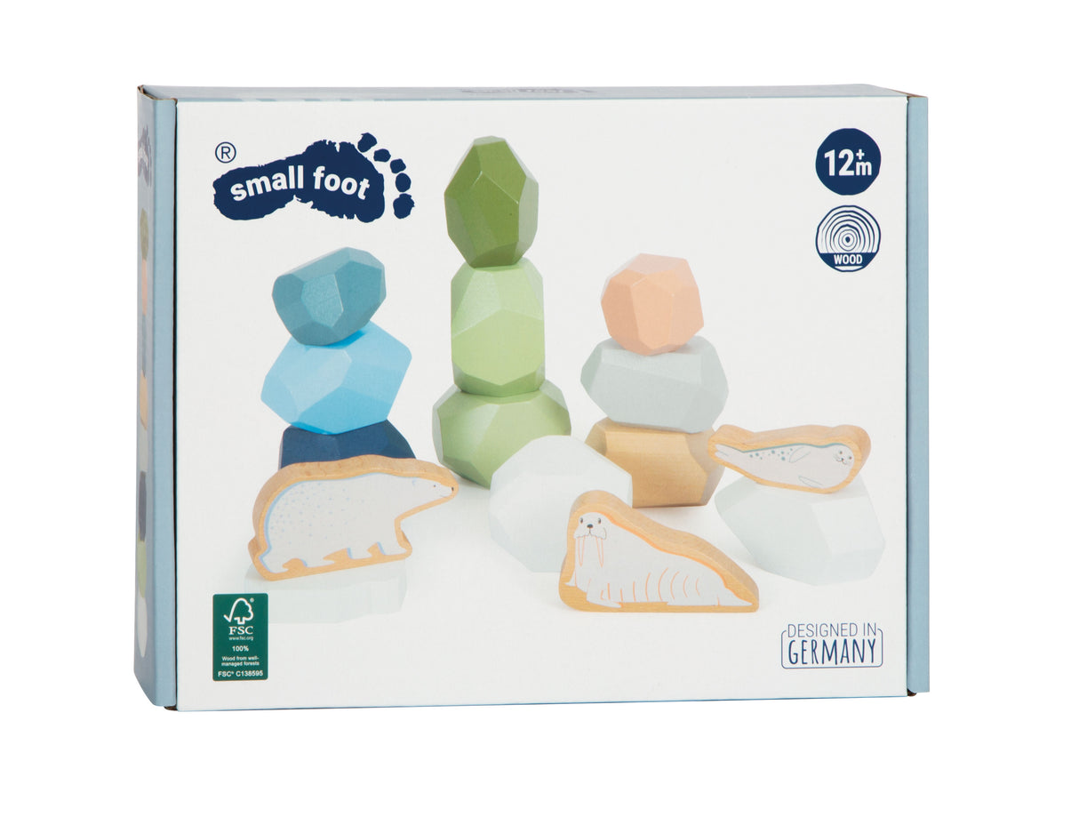 Pietre de Echilibru "Arctic" – 11 Pietre din Lemn Certificat FSC, 3 Figurine de Animale și un Sloi, Jucărie Montessori de Stivuit