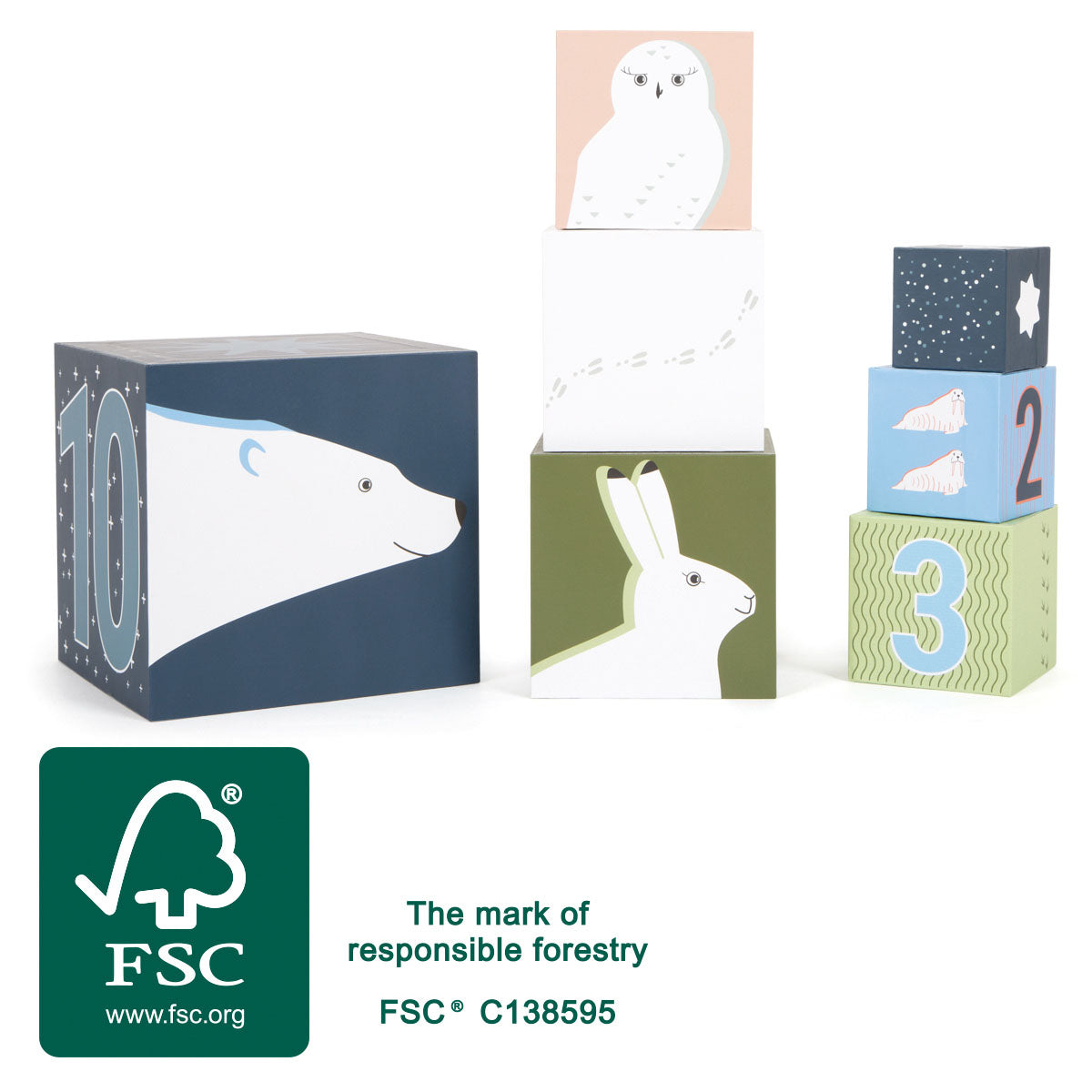 Cuburi de Stivuit "Arctic" – Set de 10 Cuburi din Carton Certificat FSC cu Animale Polare, Numere și Culori, Jucărie de Activ