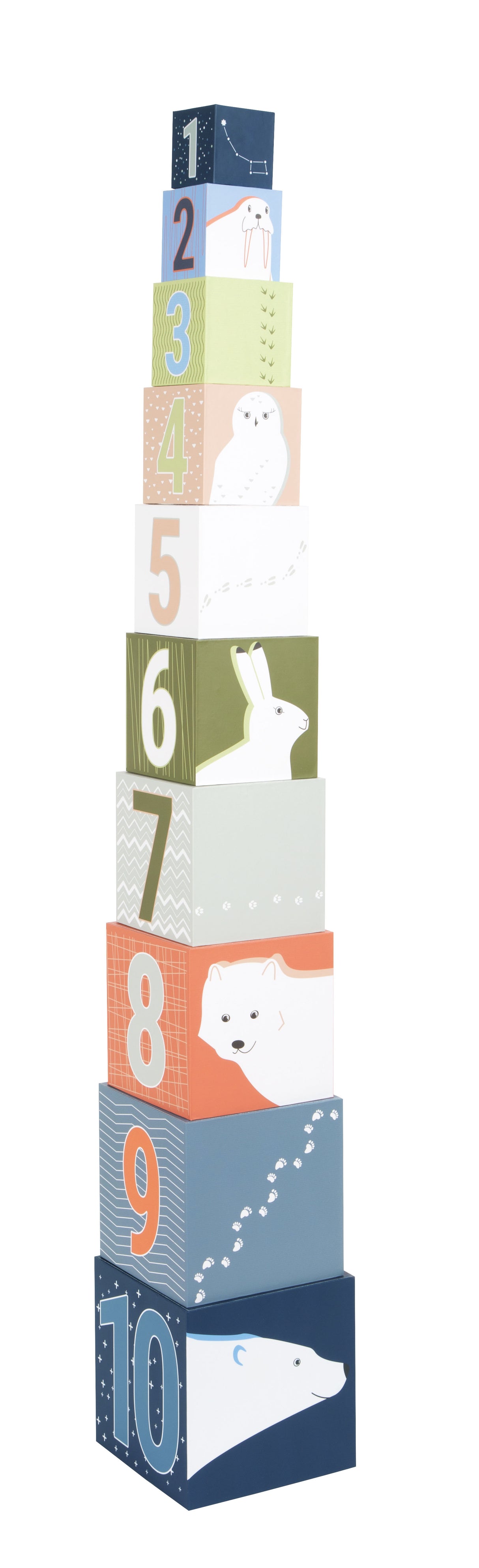 Cuburi de Stivuit "Arctic" – Set de 10 Cuburi din Carton Certificat FSC cu Animale Polare, Numere și Culori, Jucărie de Activitate