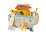 Arca lui Noe Joc cu Forme "Safari" – Jucărie 2-în-1 din Lemn pentru Copii, Vapor cu Mâner și Capac, 15 Figurine Detaliate, Animale în Perechi