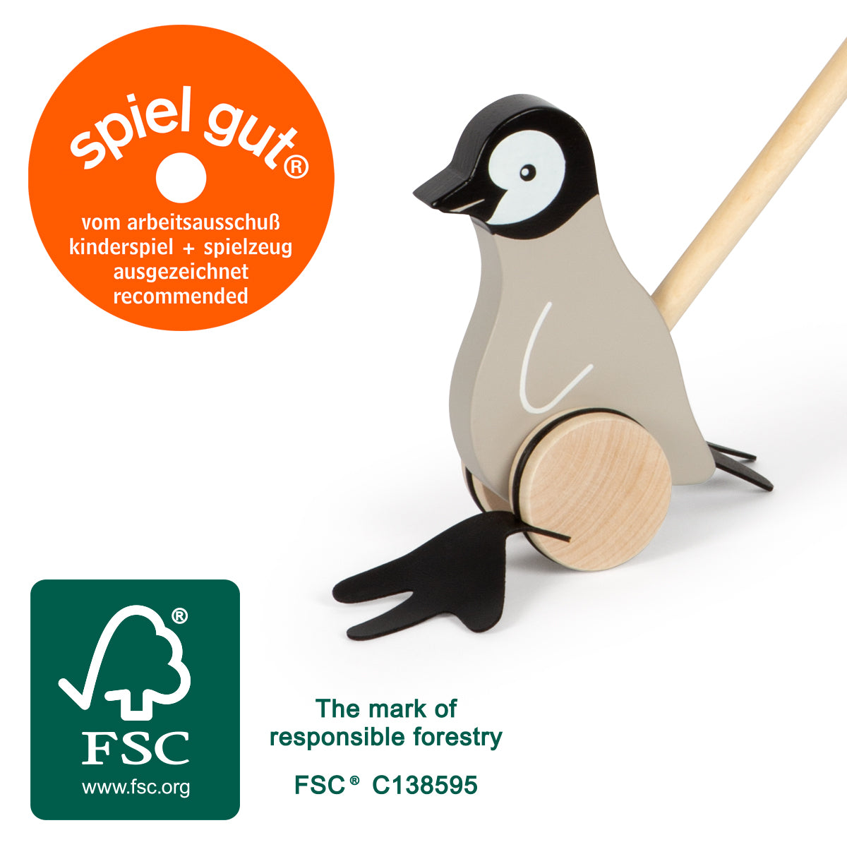Pinguin de Împins Small Foot FSC 100% – Jucărie din Lemn Certificat pentru Învățarea Mersului, cu Picioare Legănate și Sunete