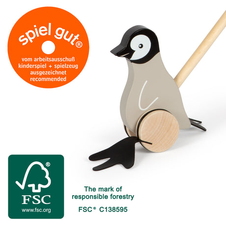 Pinguin de Împins Small Foot FSC 100% – Jucărie din Lemn Certificat pentru Învățarea Mersului, cu Picioare Legănate și Sunete