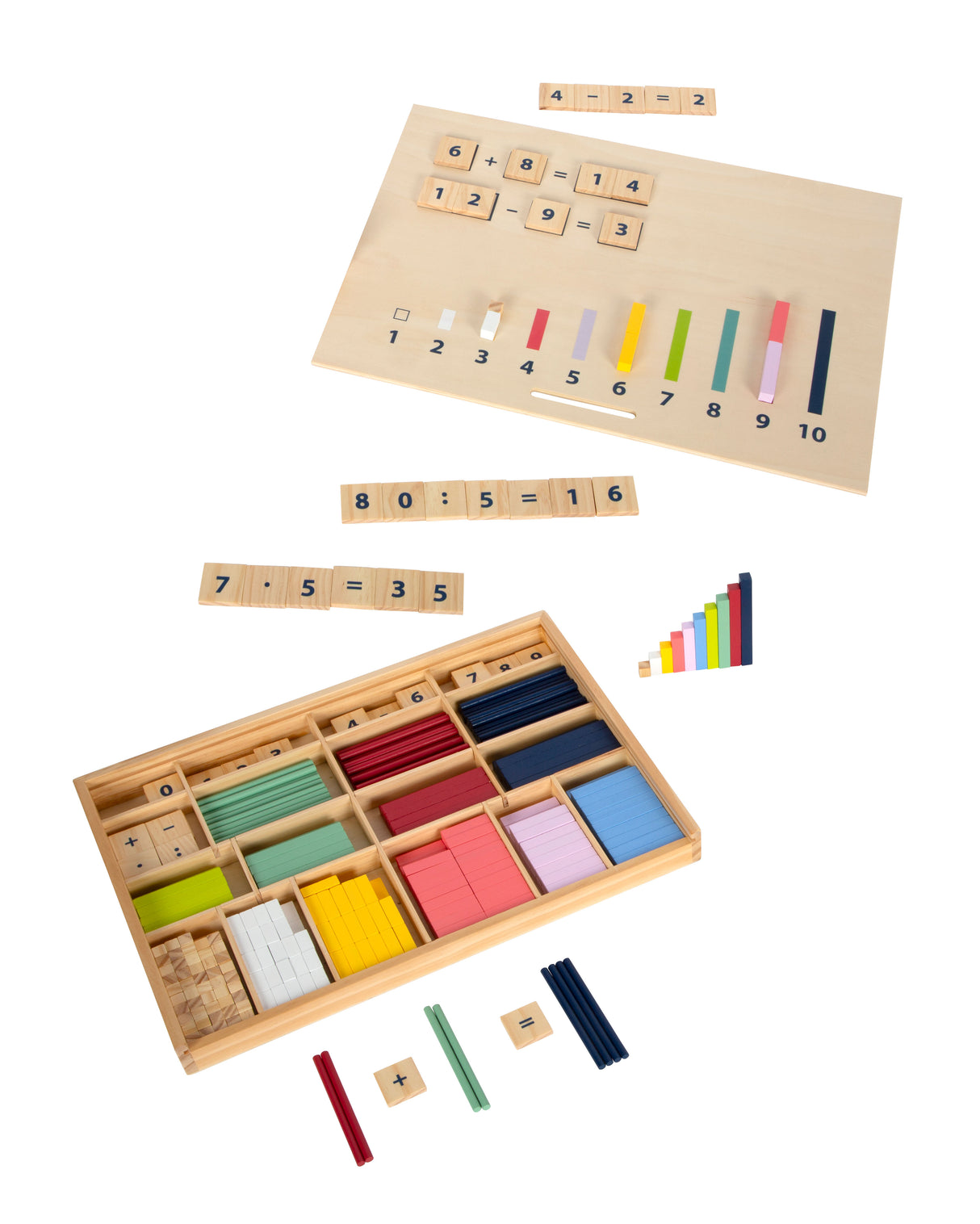 Cutie Învățare Matematică "Educate" FSC 100% – Set Montessori cu Bețe, Plăcuțe și Numere din Lemn Certificat, Pentru Preșcolari și Școlari