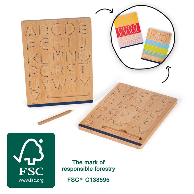 Set Tăblițe de Scriere "Educate" FSC 100% Small Foot – 2 Tăblițe din Lemn Certificat cu Ustensile Creion, Exersare Litere Maj