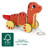Dinozaur de Tras "Dino" – Jucărie din Lemn Certificat FSC cu Corp Flexibil din 3 Segmente și Roți de Cauciuc Silențioase, pen